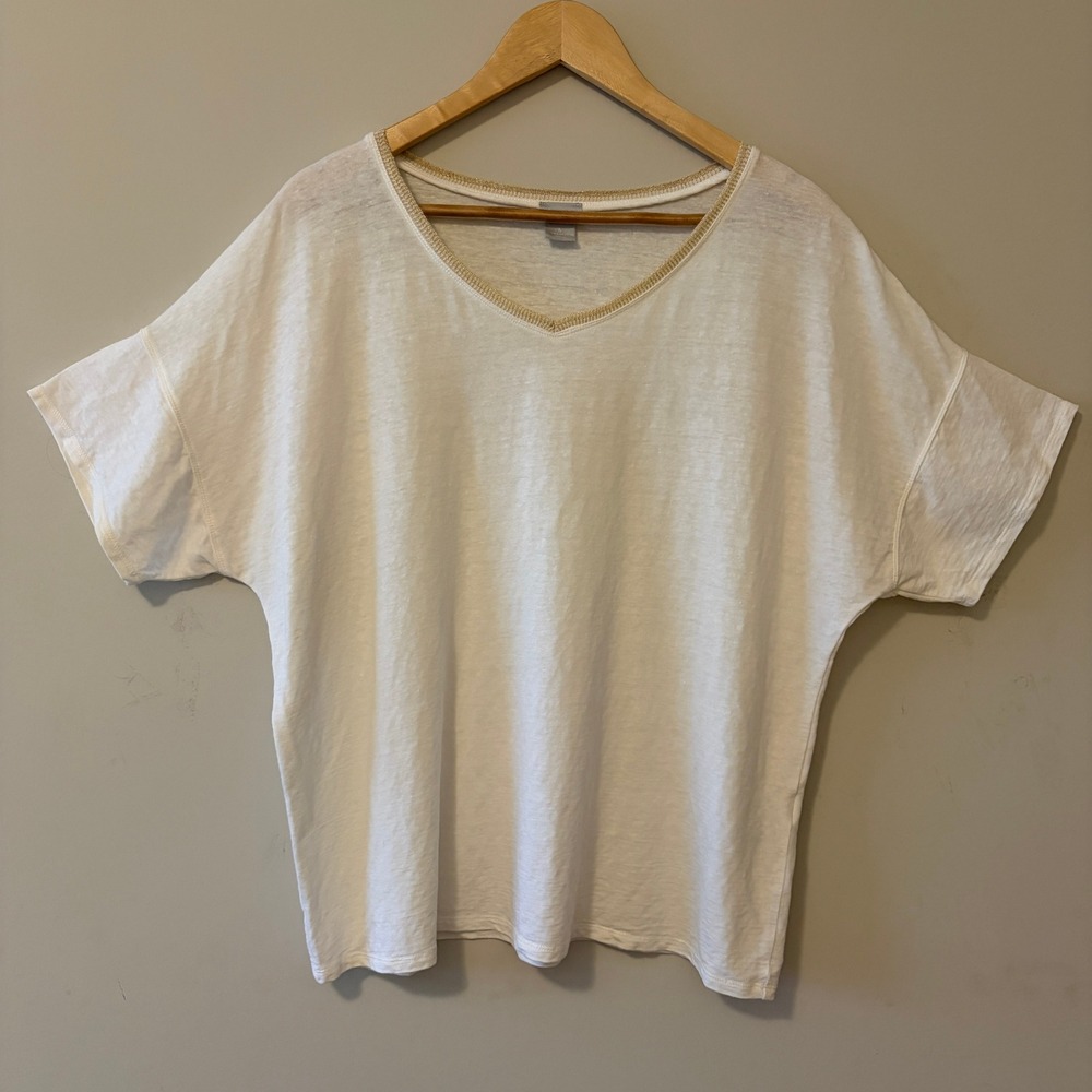Chico's V-Neck Linen Blend Tee Coastal White XL 3 Gold Trim